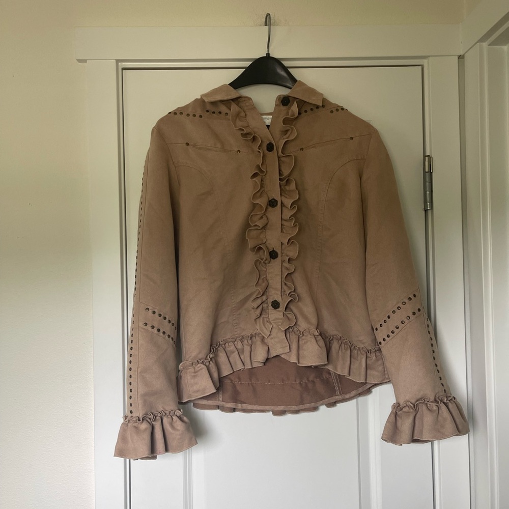 Tan ruffle button up lightweight whimsical jacket